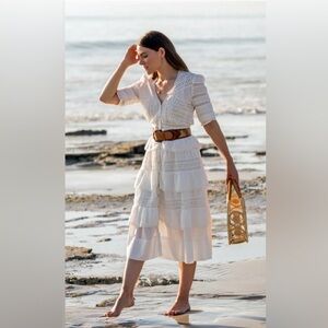 Beautiful LoveShackFancy Cream Tiered Ruffle Midi Dress w/ delicate Lace detail